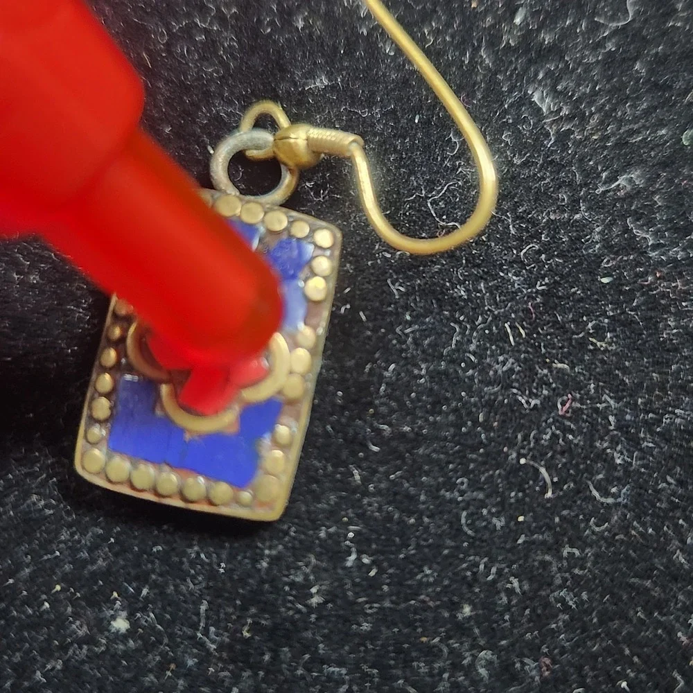 Vintage Brass Mosaic Inlay Drop Earrings Blue Red Stone Rectangular Boho Dangle